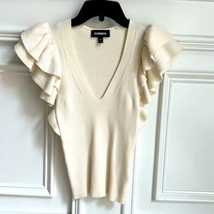 Express Cream V-Neck Sweater with Ruffle Sleeves